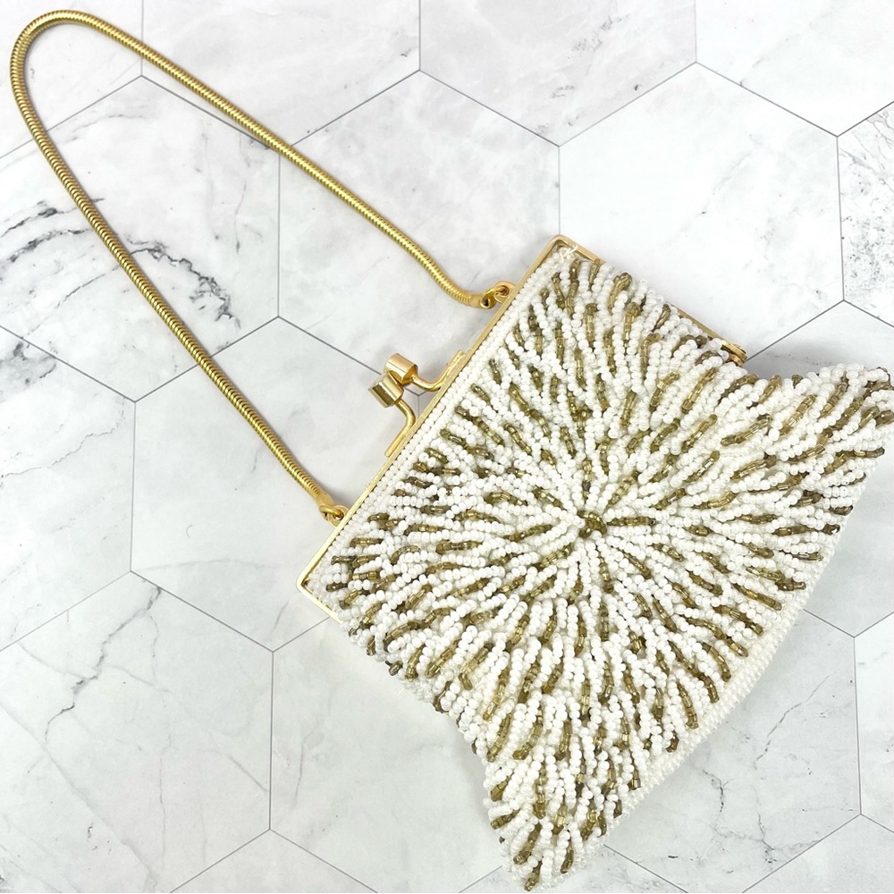 Vintage 1950s Petite Elegant Beaded Evening Bag Coin Purse in Pearl White & Gold